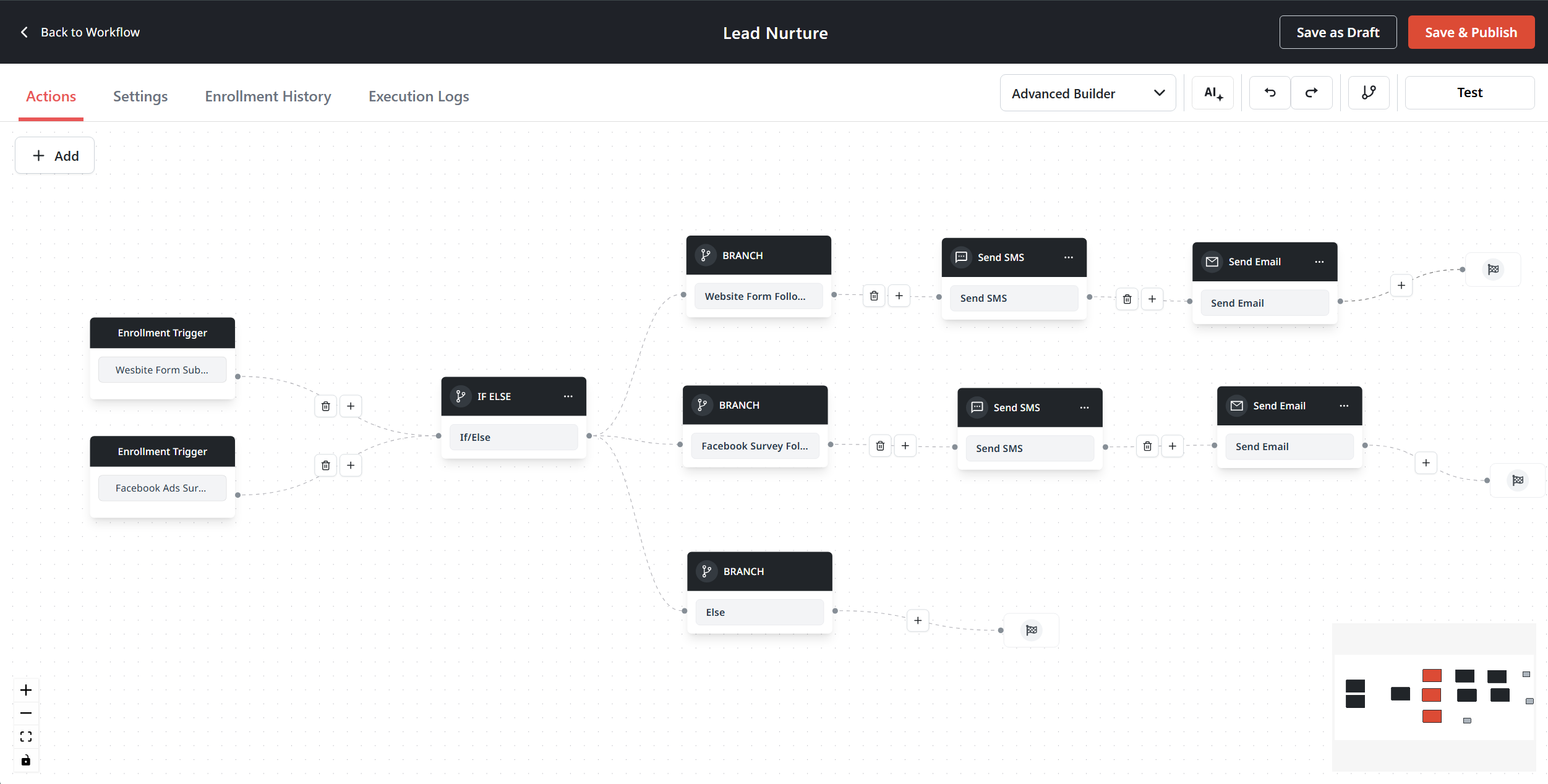 Emerge Lead Nurture builder connecting inquiries to text and email follow-ups